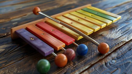 A colorful xylophone with mallets resting on top