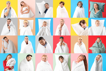Set of people with soft blankets on color background