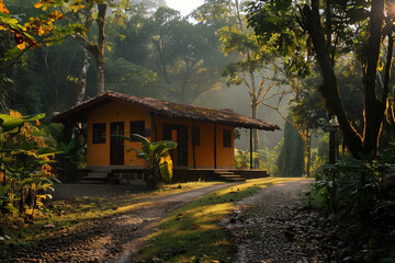 A serene yoga retreat in a forest clearing, surrounded by nature and peacefulness