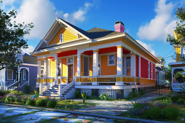 Fototapeta na wymiar A 3D render of a Craftsman house in the vibrant heart of New Orleans, blending classic architectural elements with the colorful, lively aesthetics of the city's historic districts.
