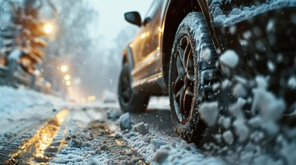 car driving in the snow, close-up of tires