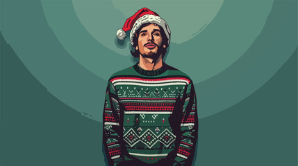 Young man in Christmas sweater and Santa hat on color