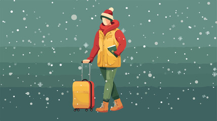 Young man in winter clothes with passport and suitcase