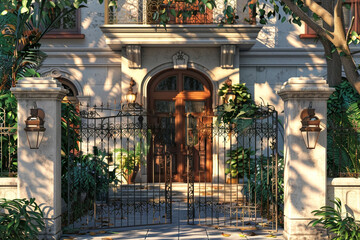 A 3D render of a Craftsman house in the historic district of Charleston, South Carolina, with ironwork detailing, gas lanterns, and a secret garden hidden behind a traditional wooden gate.