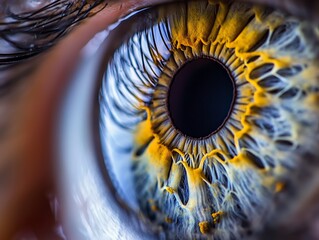 Macro view of a person's eye with detailed iris texture and vibrant colors.