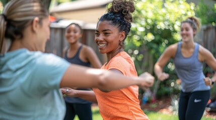 A family fitness challenge in the backyard with stations for jumping jacks lunges and squat jumps followed by a hydrating break with infused water.