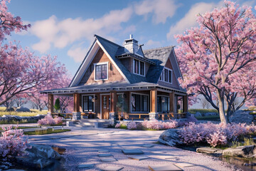 A 3D render of a craftsman house in the Cape Cod style nestled in the Japanese countryside, with a fusion of Eastern and Western design aesthetics amid cherry blossoms.