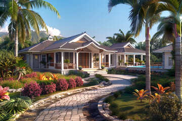 A 3D render of a craftsman house with Cape Dutch influences in the heart of the Caribbean, blending Dutch architectural elements with tropical colors and landscapes.