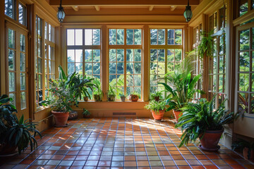 The sunroom of a craftsman house, with walls of windows, terracotta floor tiles, and a variety of tropical plants creating a bright, airy space for relaxation.