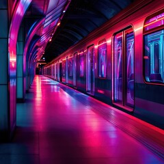 a urban metro train at the station with red and purple lights