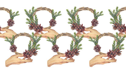 Seamless rim watercolor green christmas tree branch with pine cone on white background. Border pattern a for card. Hand-drawn fir for new year celebration invite and wrapping or wallpaper