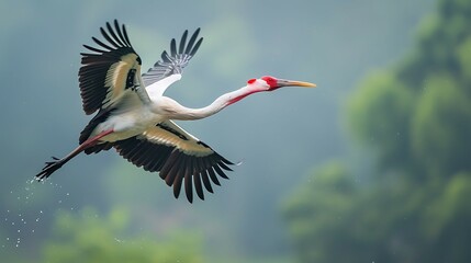 Maguari stork flying with blur background on wildlife