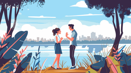 Young man proposing to his surprised girlfriend near river