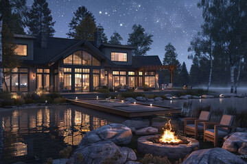 A 3D render of a lakeside Craftsman house in Minnesota, with a private dock, large windows facing the water, and an inviting fire pit area for chilly evenings under the stars.