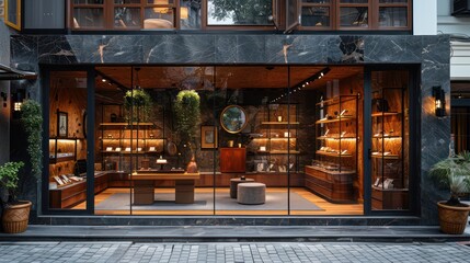 shop window display, gallery, with a glass facade