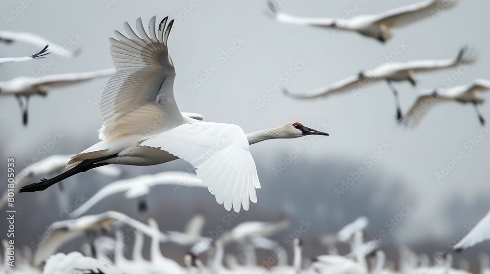 Wall mural whooping cranes fly together, migrate somewhere