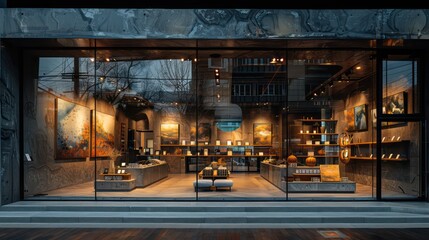 shop window display, gallery, with a glass facade