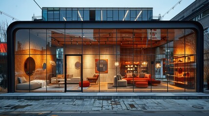 shop window display, gallery, with a glass facade