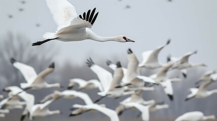 Whooping cranes fly together, migrate somewhere