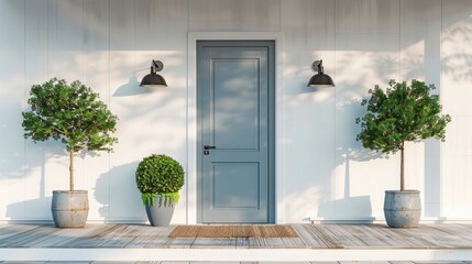 Real estate concept.  trees in pots and lamps.Stylish front door of modern house with white walls, doormat.