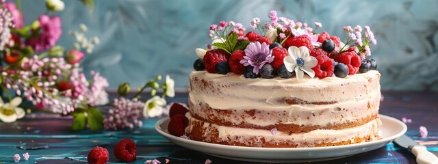 Sweet cake with floral decor on table against color background 