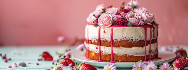 Sweet cake with floral decor on table against color background 