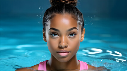 Elegant Athlete: Black Swimmer with Ponytail, Dynamic Ponytail: Hairstyle for Swimmer, Aquatic Grace: Ponytailed Athlete, Sporting Confidence: Ponytail on Swimmer