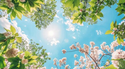 Green leaves and pink white flowers of various trees in the foreground, blue sky background