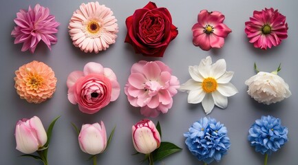 A variety of flowers. A collection of different types of flowers displayed against background.