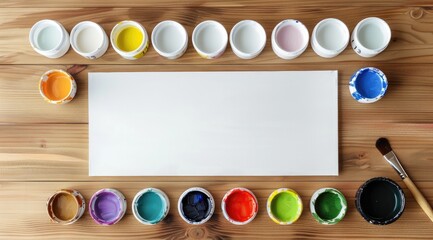A white canvas on a wooden table withcolor cups and brushes, paint by numbers, top view.