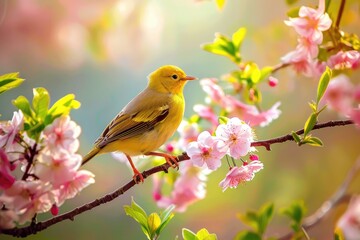 Beautiful bird on flowering branch.