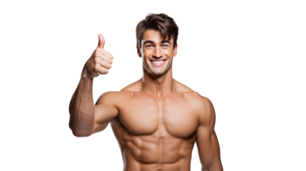 Smiling muscular man flexing his perfect body and biceps muscle, showing thumbs up sign, isolated on transparent background