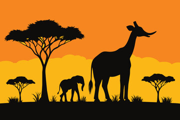 Silhouette of giraffe and elephant at savanah vector design