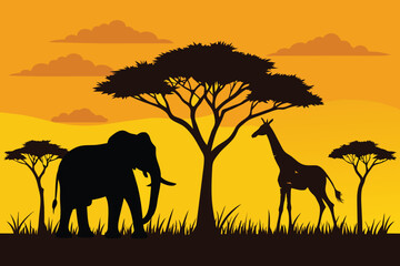 Fototapeta na wymiar Silhouette of giraffe and elephant at savanah vector design