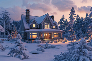 A 3D visualization of a Cape Cod craftsman house during a snowy winter in Canada, with warm lights glowing from windows and a backdrop of snow-covered pines.