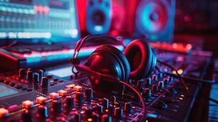 studio table of mixage buttons and speakers