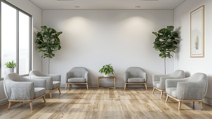 doctor's office waiting room with a white wall, some soft gray chairs, oak flooring