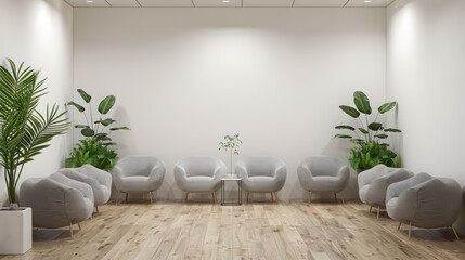 doctor's office waiting room with a white wall, some soft gray chairs, oak flooring