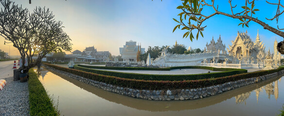 Wat Rong Khun - White Temple Sunrise Side View with no people panorama