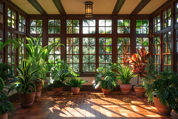 The sunroom of a craftsman house, with walls of windows, terracotta floor tiles, and a variety of tropical plants creating a bright, airy space for relaxation.