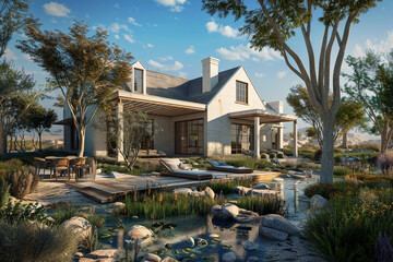 A 3D visualization of a Cape Cod style house in the desert landscapes of the Middle East, with oasis-like gardens, water features, and modern adaptations for the climate.