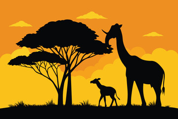 Silhouette of giraffe and elephant at savanah vector design