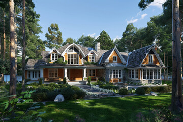 A 3D visualization of a Cape Cod craftsman house in the forests of Scandinavia, blending traditional American and Nordic architectural elements against a backdrop of fjords.