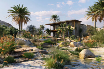 A 3D visualization of a Cape Cod style house in the desert landscapes of the Middle East, with oasis-like gardens, water features, and modern adaptations for the climate.