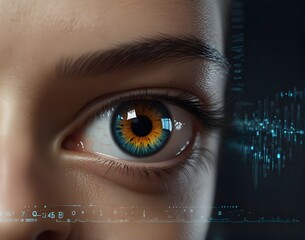 Human eye with cyber retinal recognition for neuro link connection smart lens eyes vision diagnostics Augmented virtual reality in metaverse AI artificial intelligence. Creative Banner.Generative AI
