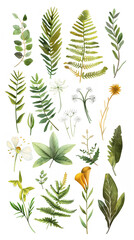 Diverse collection of plant species illustrated in pastel watercolors, rendered in detailed clipart style