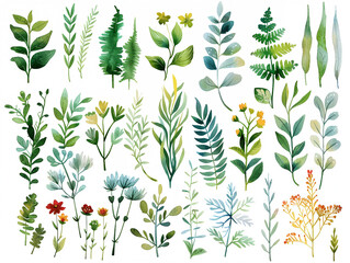 Clipart assortment of various plants, delicately painted in soft pastel watercolors for a natural and artistic effect