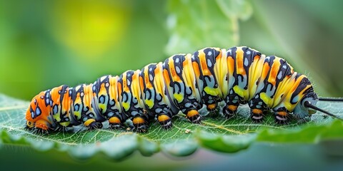 A close shot of beautiful caterpillar of swallowtail Monarch larvae among nature with a blurry backdrop and space for text, Generative AI.