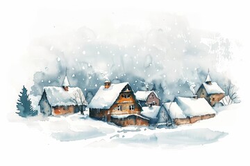 A winter village scene with snow-covered houses and trees. The sky is a light blue and the sun is shining brightly. The village is surrounded by a forest of pine trees.