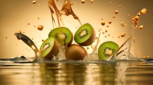 kiwi fruit falls in the water. advertising of fruit flavored drinks